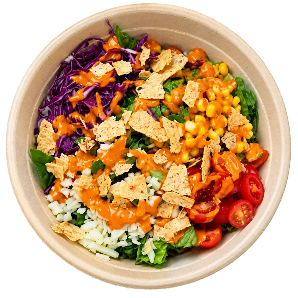 A southwestern salad bowl photographed from above